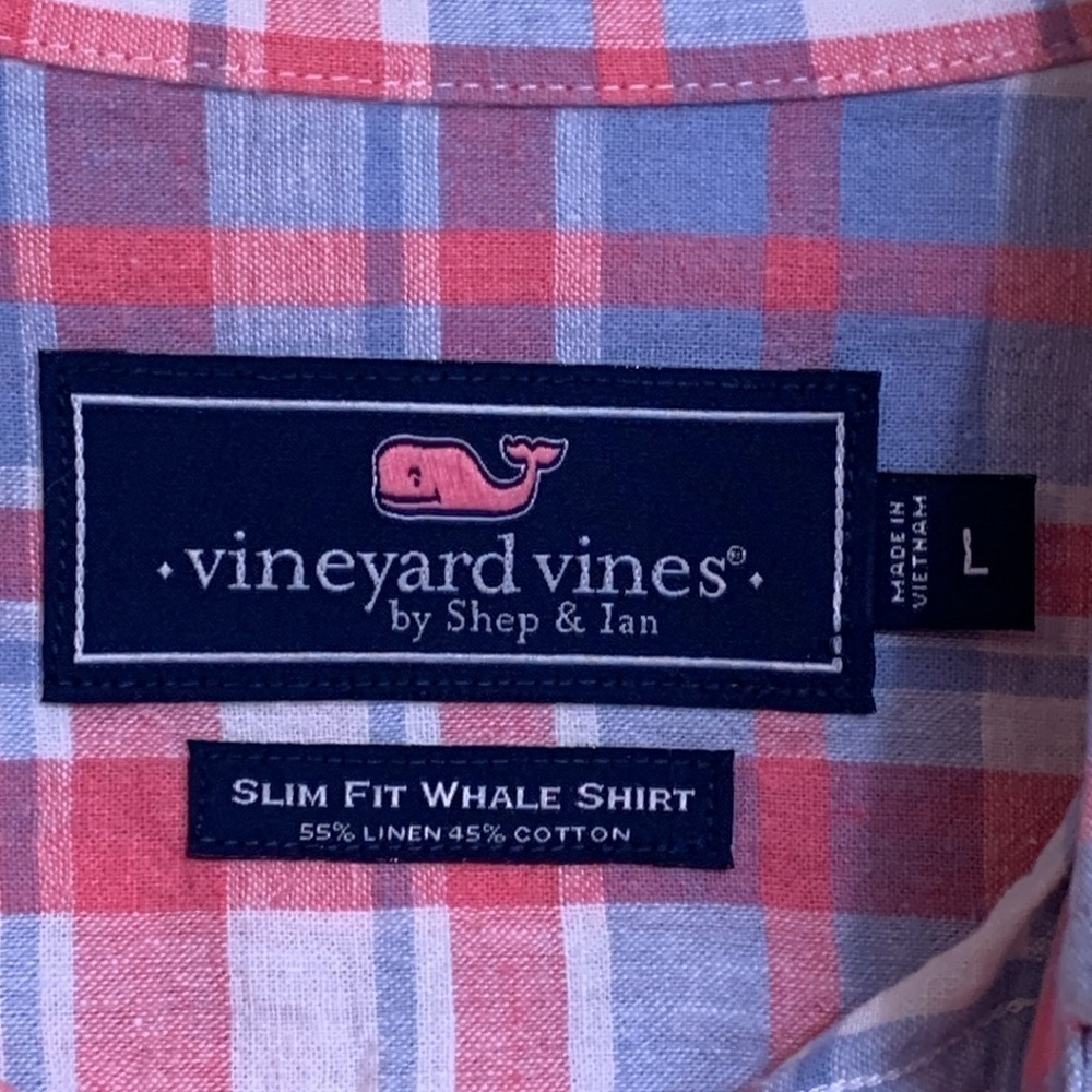 Vineyard Vines Plaid Slim Fit Whale Cotton Linen Blend Button Down Oxford Shirt - Picture 8 of 17